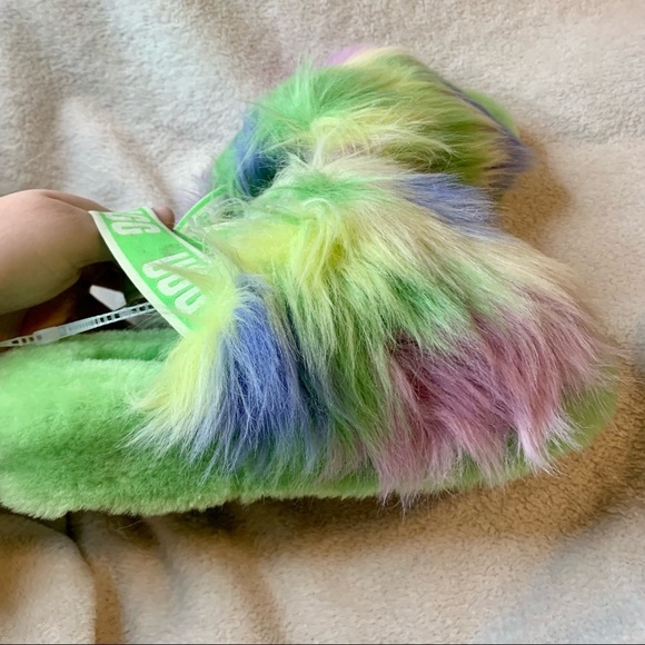 Ugg fluff yeah tie dye fur slides platform slippers size 6 green - Picture 3 of 12